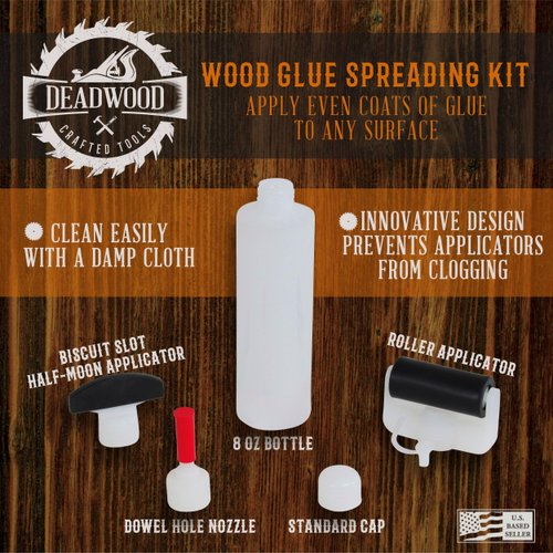 DCT Wood Glue Spreading Woodworking Kit – 8 oz ounce Bottle, Roller Applicator, Dowel Hole Nozzle, Biscuit Slot Tip