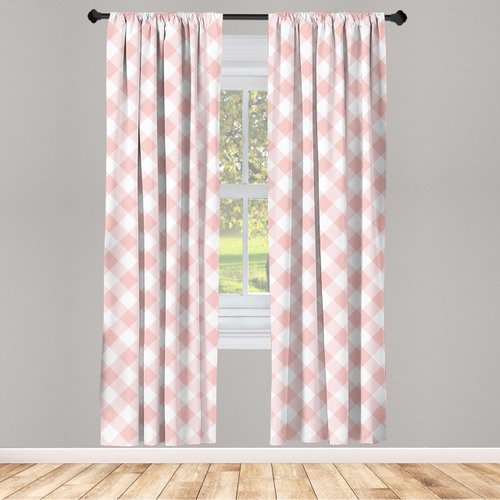 Lunarable Pink Gingham Window Curtains, Print of Diamond Shapes Geometric Elements in Soft Rosy Tones, Lightweight Decor 2-Panel Set with Rod Pocket, Pair of - 28" x 84", Blush Pale Salmon