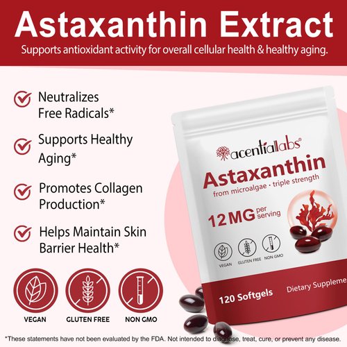ZUZOKKAHA Astaxanthin Supplements 12mg - 120 Softgels | Premium Natural Antioxidant from Microalgae | Eye, Skin, Brain, Joint, Heart & Immune Health Support | Non-GMO, Gluten-Free