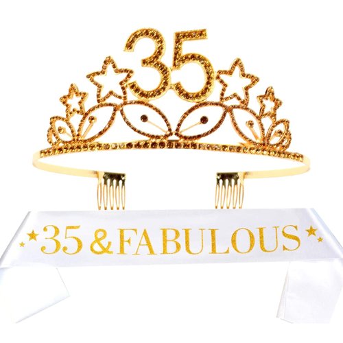 35th Birthday Sash and Tiara for Women - Fabulous Glitter Sash + Stars Rhinestone Gold Premium Metal Tiara for Her, 35th Birthday Gifts for 35 Party