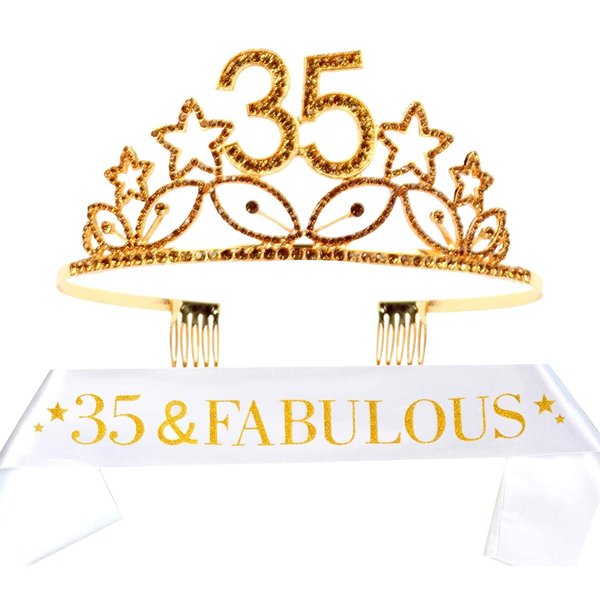 35th Birthday Sash and Tiara for Women - Fabulous Glitter Sash + Stars Rhinestone Gold Premium Metal Tiara for Her, 35th Birthday Gifts for 35 Party