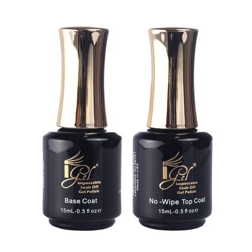 iGel Impeccable Soak Off Gel Polish Base Coat + No-Wipe Top Coat Kit Set (15mL - 0.5 fl oz per bottle)