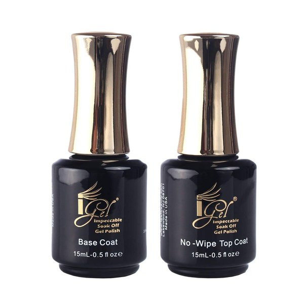 iGel Impeccable Soak Off Gel Polish Base Coat + No-Wipe Top Coat Kit Set (15mL - 0.5 fl oz per bottle)