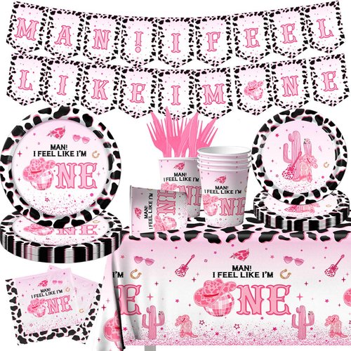 Western Cowgirl Birthday Party Decoration,142Pcs Pink Disco Cowgirl 1st Tableware Set I’m One Cowgirl Plates Napkins Cowgirl Tablecloth for My First Rodeo Let’s Go Cowgirl 1st Baby Shower Decoration