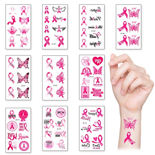 10 Sheets Breast Cancer Awareness Temporary Tattoos Pink Ribbon Temporary Tattoos Breast Cancer Fake Tattoos for Women Fundraising Breast Cancer Charity Events Survivor Campaign Party Favor Supplies