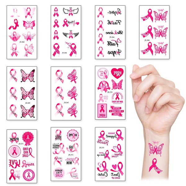 10 Sheets Breast Cancer Awareness Temporary Tattoos Pink Ribbon Temporary Tattoos Breast Cancer Fake Tattoos for Women Fundraising Breast Cancer Charity Events Survivor Campaign Party Favor Supplies