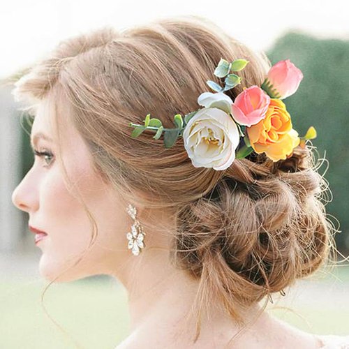 Fangsen Delicate White Orange Pink Ivory Rose Bud Leaf Rose Flower Hair Clips Floral Hair Accessories for Brides and Bridesmaids Silver (White+Orange+Pink)
