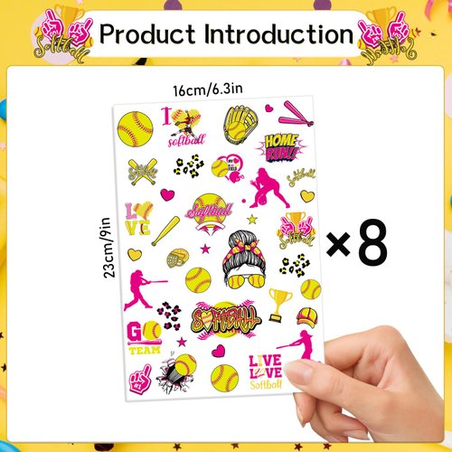 Gameza Softball Temporary Tattoos Stickers - 240+ Softball Party Favors Decorations Supplies Sports Themed Fake Tattoos for Girls Boys Softball Face Tattoos Stickers Bulk Gift for Party Kids