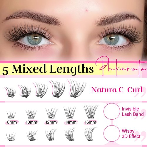 PHKERATA Natural Lash Clusters Kit Invisible Band Eyelash Clusters Wispy Lash Extension Kit C Curl DIY Cluster Eyelash Extension Kit Individual Lashes with Lash Glue Bond and Seal Tweezers, 8-16mm