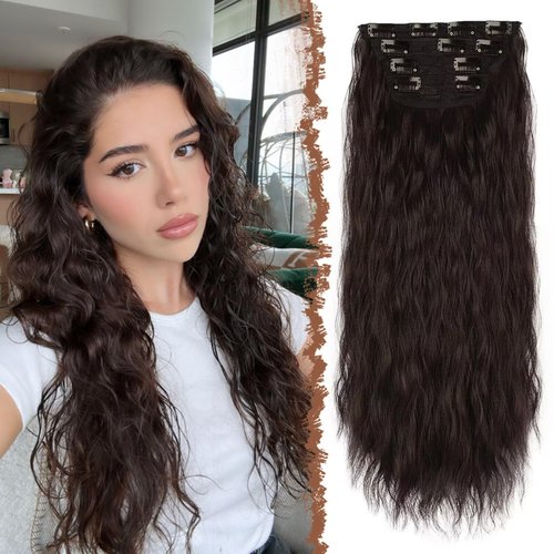 FESHFEN Clip in Hair Extensions 4 PCS Long Curly Wavy Thick Natural Synthetic Clip in Extensions ...