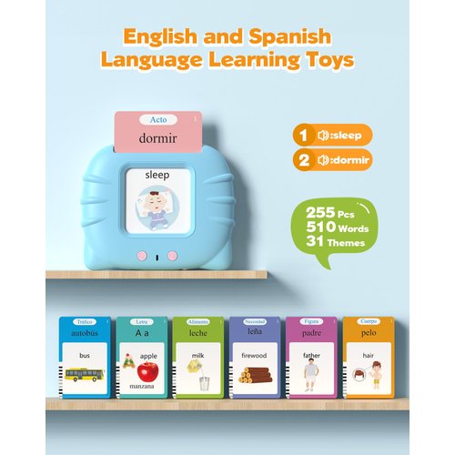 Bilingual Spanish and English Talking Flash Cards for 1-3, Pocket Speech Therapy Toys with 512 Words, Montessori Language Learning Toys, Autism Toys, Children's Sensory Learning, Birthday Toys