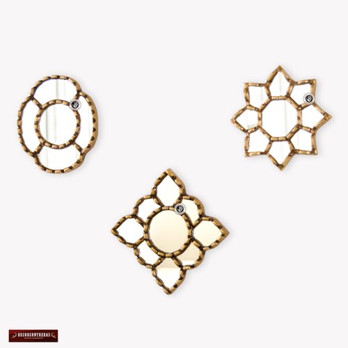 Small Gold Accent Wall Mirror set of 3 - Decorative Vintage mirrors of 6" for wall, Peruvian Mirrors Vanity with gold leaf 'Cuzco Radiance'