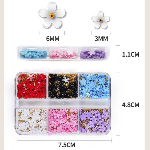 3D Colorful Flower Nail Charms White Pink Color Blue Purple Black Flowers Acrylic Nail Charms with Metal Golden Round Beads for Nail Art DIY Accessories