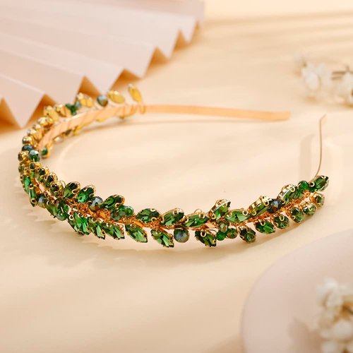 Teyglen Bridal Rhinestone Crystal Headband Thin Full Green Rhinestone Headband Hair Band Handmade Full Crystal Hair Hoop Gold Sparkly Crystal Wedding Hair Accessories for Women Girl(Green)