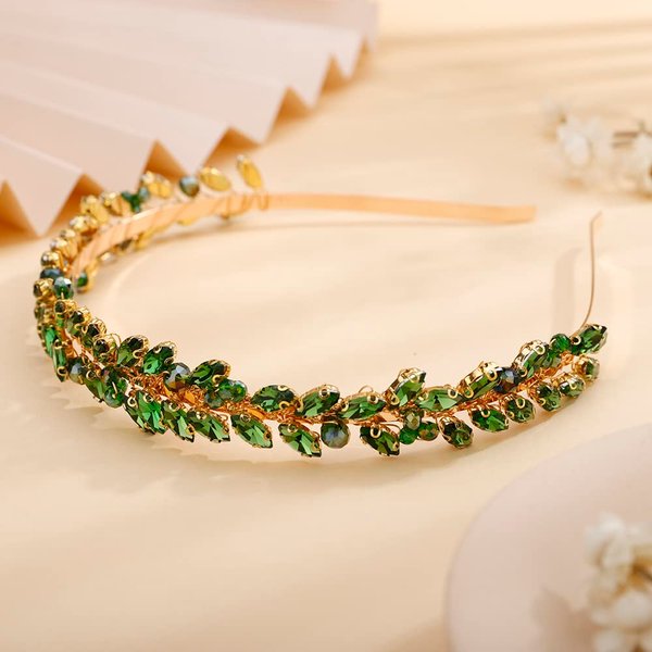 Teyglen Bridal Rhinestone Crystal Headband Thin Full Green Rhinestone Headband Hair Band Handmade Full Crystal Hair Hoop Gold Sparkly Crystal Wedding Hair Accessories for Women Girl(Green)