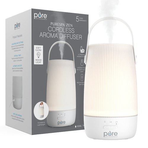 Pure Enrichment PureSpa Zen Cordless Essential Oil Diffuser & Light - Portable Travel-Friendly Aroma Diffuser Lasts 7.5 Hrs, Optional Mood Light, 2 Mist Settings, Optional Timer, & Auto Shut-Off