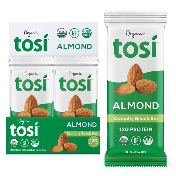 Tosi Almond Protein Bars, Plant Based with Nuts, Gluten-Free Crunchy Snacks, Vegan, Organic, Flax & Chia Seeds, Soy-Free, Omega 3s, 12G Protein, 2.4 oz, 12-Pack