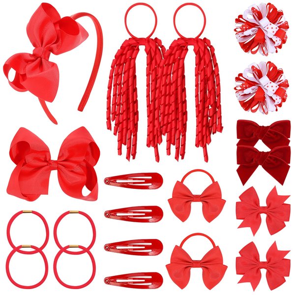 CN 20PCS Hair Accessories Set - Red Bows, Clips, Headbands, Hair Ties, Barrettes, Ponytail Holders for School Uniform, Little Girls, Teens, Toddlers