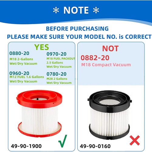 2 Pack Wet Dry Vacuum HEPA Filter Replacement 49-90-1900 Compatible with Milwaukee Cordless Vacuum - for Milwaukee Cordless M18 Vacuum 0780-20 0880-20