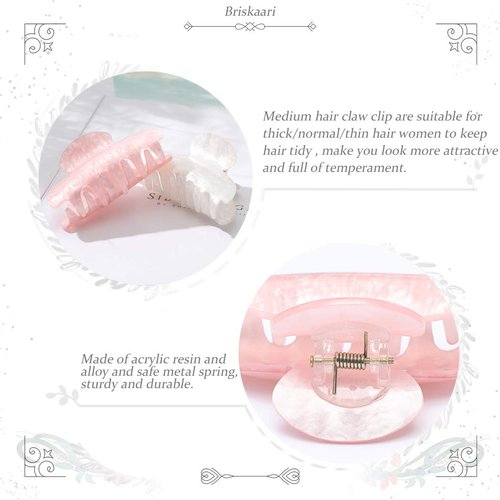 Brinie Hair Claw Clamps Pink Hair Barrettes Medium Non Slip Clips Hair Accessories for Women and Girls (2 PCS) (BT03-PW)