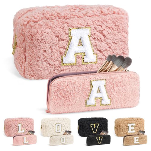 YOOLIFE Birthday Gifts for Women, Pink Initial Makeup Bag with Makeup Brash Pouch Monogram Travel Bag Personalized Gifts Her Gifts Sister Gifts Daughter Wife Gifts Christmas Gifts for Women (Pink A)