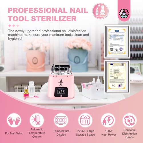 SAVILAND Nail Tool Sterilizer Electric: High-Temperature 365℉ Sterilizer for Nail Tools Portable Pink Nail Sterilizer with Glass Beads to Sterilize Any Metal Tools Salon & Esthetician Supplies