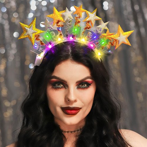 Sixexey Light Up Happy Birthday Headband LED Silver Star Hair Band for Birthday Celebration Glow Party Favors Hair Accessories for Women