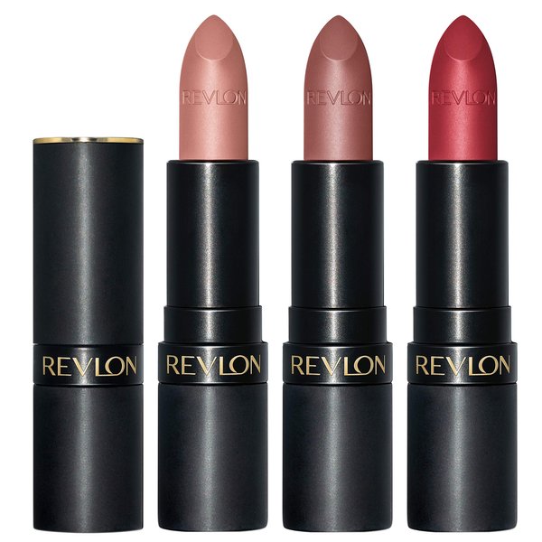 Revlon Super Lustrous Lipstick Set, 3-Piece Lip Color Gift Set for Women, Makeup Stocking Stuffers, Matte Finish in Nude Plum & Red, Pack of 3