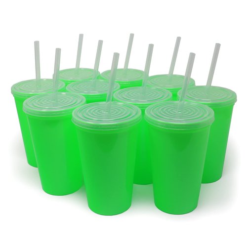 Rolling Sands 22 oz Reusable Plastic Cups with Lids, 10 Pack, USA Made Lime Green Tumblers; Includes 10 Reusable Straws; Dishwasher Safe
