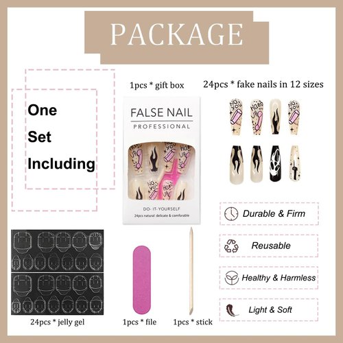 Halloween Press on Nails Extra Long Coffin Fake Black Nude Ghost Flame Design Artificial Glue Glossy False for Women Girls Full Cover Acrylic Nail Tips , 28 Piece Set, 24.0 Fl Oz, Pack of 2Pack 4