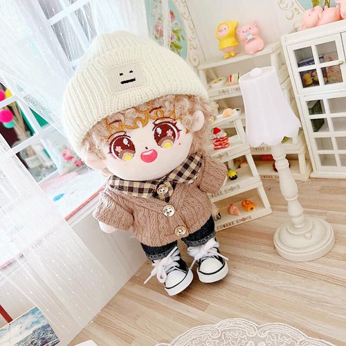 niannyyhouse 7.8in/20cm Plush Doll Clothes Hat Button Sweater Denim Flanging Jeans Doll Dressup (White+Brown)