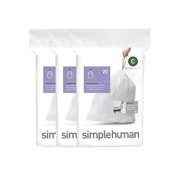 simplehuman Code C 60 Count, Genuine Custom Fit Liners, Drawstring Trash Bags in Dispenser Packs, 10-12 Liter / 2.6-3.2 Gallon, White