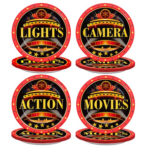 CHUNNIN 48 Pcs Movie Night Party Paper Plates for Movie Theme Party Decorations Movie Theater Lights Disposable Dinner Plates Camera Action Film Dessert Plates Theater Birthday Party Supplies Favors