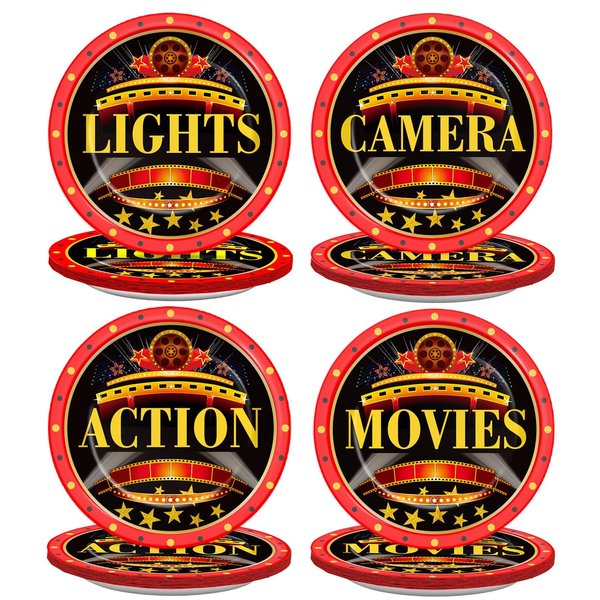 CHUNNIN 48 Pcs Movie Night Party Paper Plates for Movie Theme Party Decorations Movie Theater Lights Disposable Dinner Plates Camera Action Film Dessert Plates Theater Birthday Party Supplies Favors