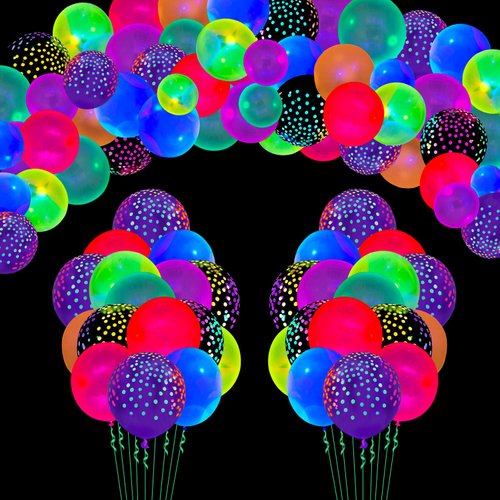 109 Pack UV Neon Balloons Black Light Balloons Glow in The Dark Balloons Blacklight Reactive Fluorescent Polka Dot Latex Balloons Assorted Colors Light Up Balloons Neon Party Supplies Glow Party Decor