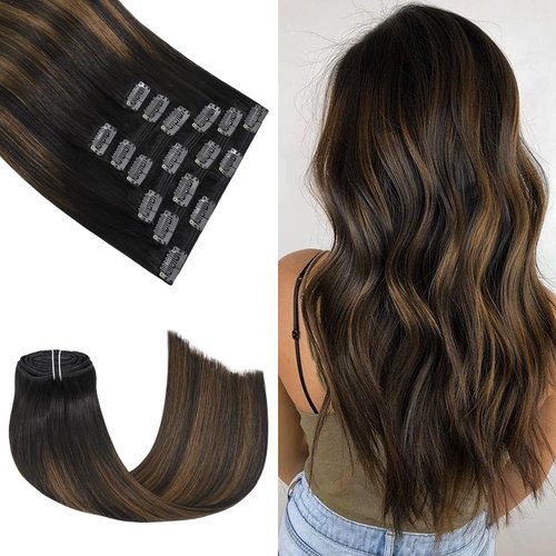 Honsoo Clip in Hair Extensions Human Hair Dark Brown Mix with Medium Brown 100g 12in Ombre Real Human Hair Extensions