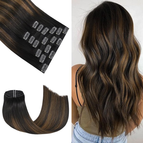 Honsoo Clip in Hair Extensions Human Hair Dark Brown Mix with Medium Brown 100g 12in Ombre Real Human Hair Extensions