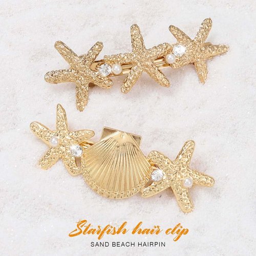 CAKURE Starfish Hair Clips Gold Metal Sea Star Hairpins Seashell Spring Automatic Hair Barrettes Beach Hair Accessories for Women and Girls (Pack of 2)