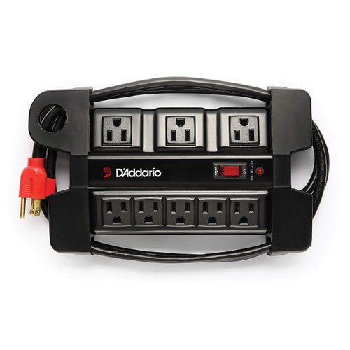 D'Addario Accessories Tour-Grade Power Base - Base Protector - Stage Power Strip with 6 ft Cable - 5 Standard and 3 Transformer- Guitar Amp Outlet - Music Surge Protector with Indicator Light