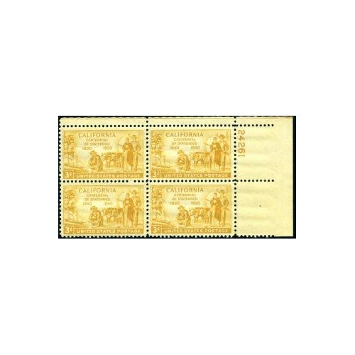 US 1950 3¢ California Statehood Centennial Plate Block of 4 Postage Stamps, Catalog No 997