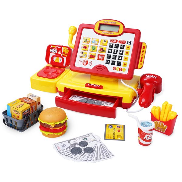 FS Toy Cash Register for Kids, with True Barcode Scanner & Calculator Toys, Pretend Play for Toddlers 3-5, Shopping Playset, Kids Cash Register with Credit Card for Kids Boys and Girls Ages 3 4 5 6 8