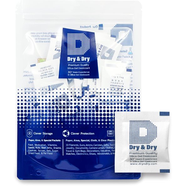 Dry & Dry 1 Gram (200 Packets) Food Safe Silica Packets, Desiccant Packs, Silica Gel - Rechargeable Silica Gel Packets, Moisture Absorbers, Silica Packets, Silica Gel