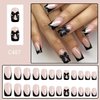 Black French Tip Press on Nails Medium Length Square Fake Nails Nude Pink Glossy Full Cover Glue on Nails Coffin Nails Bow Charms Designs Cute False Nails for Women Girls Acrylic Nail Decorations