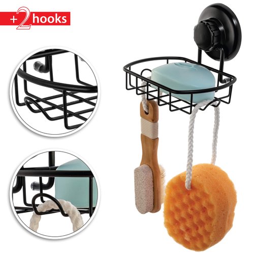 HASKO accessories Suction Soap Dish with Hooks - Super Powerful Vacuum Suction Cup Shower Soap Holder - Rustproof Stainless Steel SS304 Soap Basket - Sponge Holder for Bathroom & Kitchen (Black)