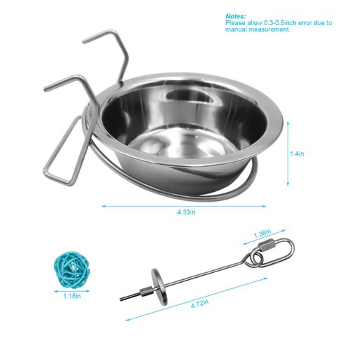 2 Pack Bird Feeder Birds Bowls Stainless Steel Dishes Coop Cups with Wire Hook, Parrot Feeding Dish Cups Food Water Bowls with Bird Food Holder and Rattan Ball for Finches Lovebirds (Set 1)