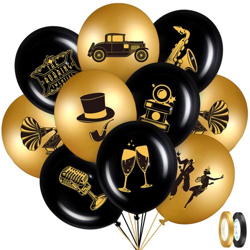 45 Pieces Roaring 20s Party Balloons Decorations Black and Gold Party 20th Birthday Balloons Vintage 1920s Balloons for 20's Retro Jazz Music Party 1920's Themed Birthday Speakeasy Decoration Supplies