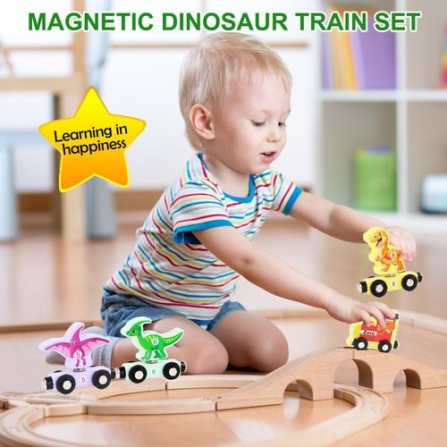 Yzata Magnetic Wooden Dinosaur Train Set Montessori Preschool Educational Car Toys for Baby Toddlers Infants Boys Birthday Gifts