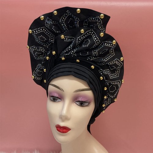 Luxury Nigerian Headtie Already Made African Headtie Women Headbands Head Wrap Headties Femme Headscarf Headgear Sewing Fabric For Party (Black)