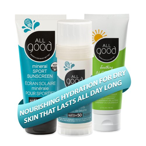 All Good Sport Mineral Sunscreen & Aloe Gel Bundle - UVA/UVB Broad Spectrum, Water Resistant - Includes (1) SPF 50 Butter Stick, (1) SPF 30 Lotion, & (1) Aloe Gel