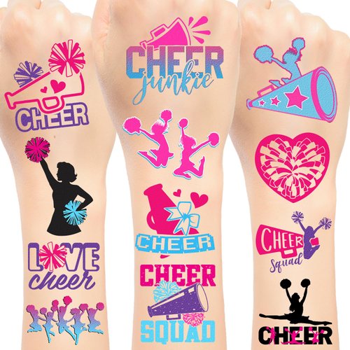 144 PCS Cheer Cheerleader Cheerleading Temporary Tattoos Stickers, Cheer Cheerleader Cheerleading Party Favors Supplies Birthday Party Decorations Sport Team Spirit Gifts for Kids, 24 Sheets